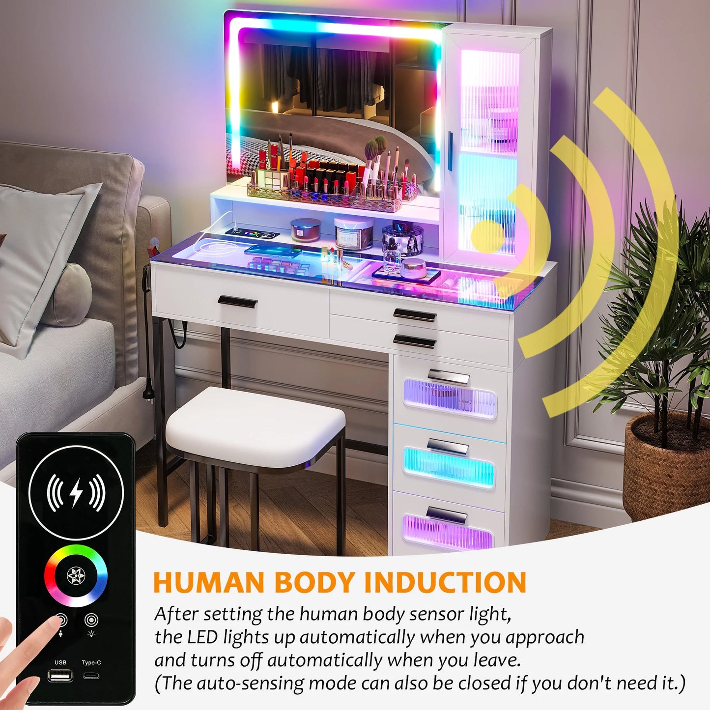 HNEBC Vanity Desk with Mirror and RGB Lights, Glass Top Makeup Vanity with Auto Sensor Lights and Wireless Charging, Vanity Table Set with Cushion Stool, Dressing Table with 6 Drawers (White)