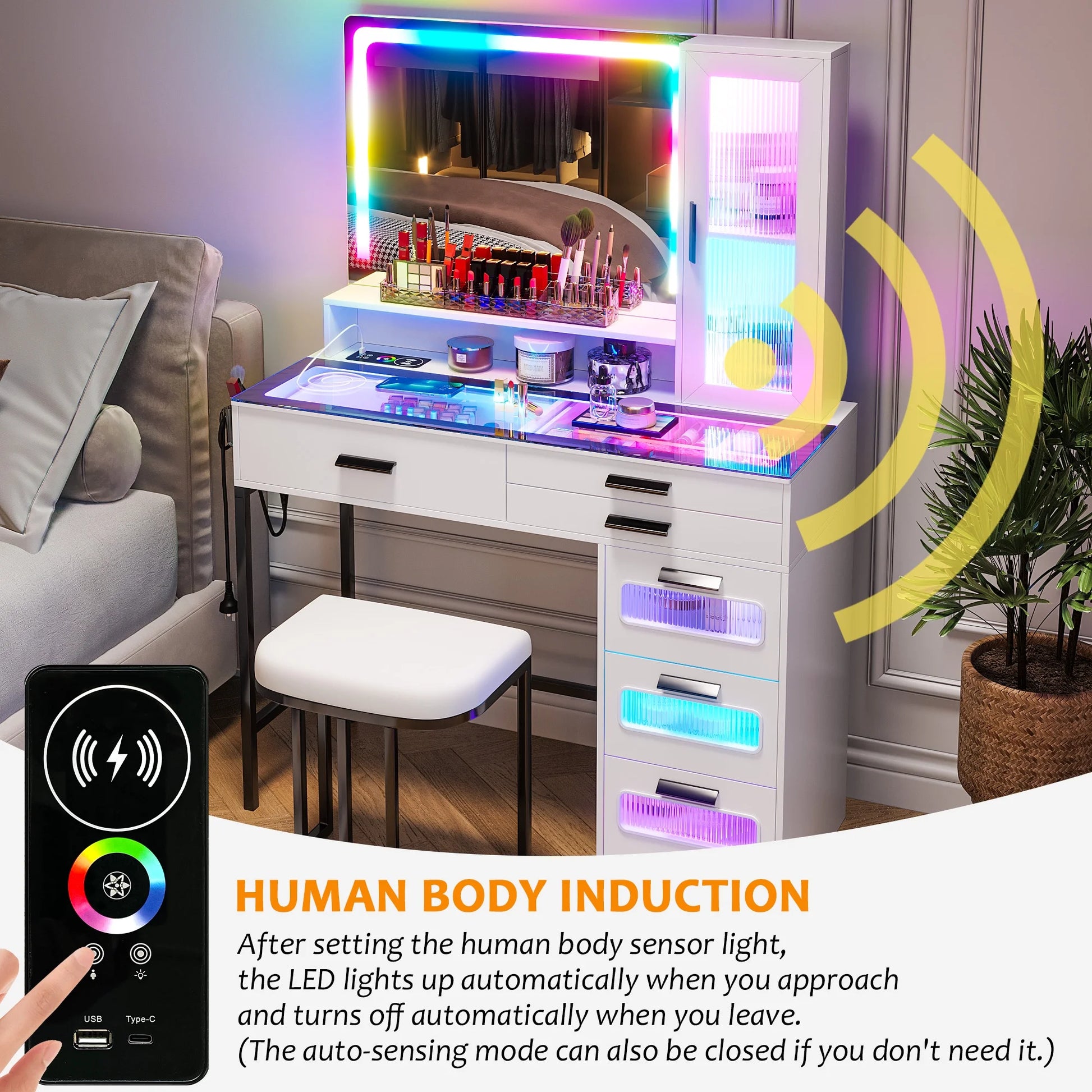 HNEBC Vanity Desk with Mirror and RGB Lights, Glass Top Makeup Vanity with Auto Sensor Lights and Wireless Charging, Vanity Table Set with Cushion Stool, Dressing Table with 6 Drawers (White)