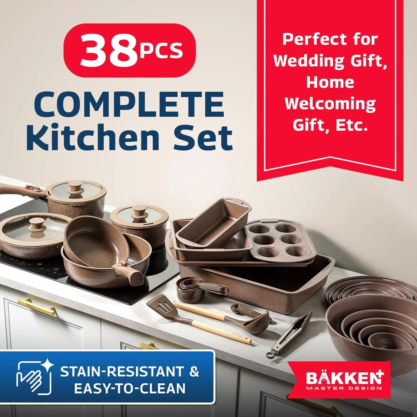 Bakken Master 38 Piece Granite Cookware and Bakeware Set - Nonstick Granite Coating, Pots and Pans with Detachable Handles and Tempered Glass Lids, 6-piece Bakeware set, 12-piece Mixing Bowls,Brown