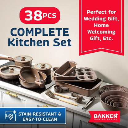 Bakken Master 38 Piece Granite Cookware and Bakeware Set - Nonstick Granite Coating, Pots and Pans with Detachable Handles and Tempered Glass Lids, 6-piece Bakeware set, 12-piece Mixing Bowls,Brown