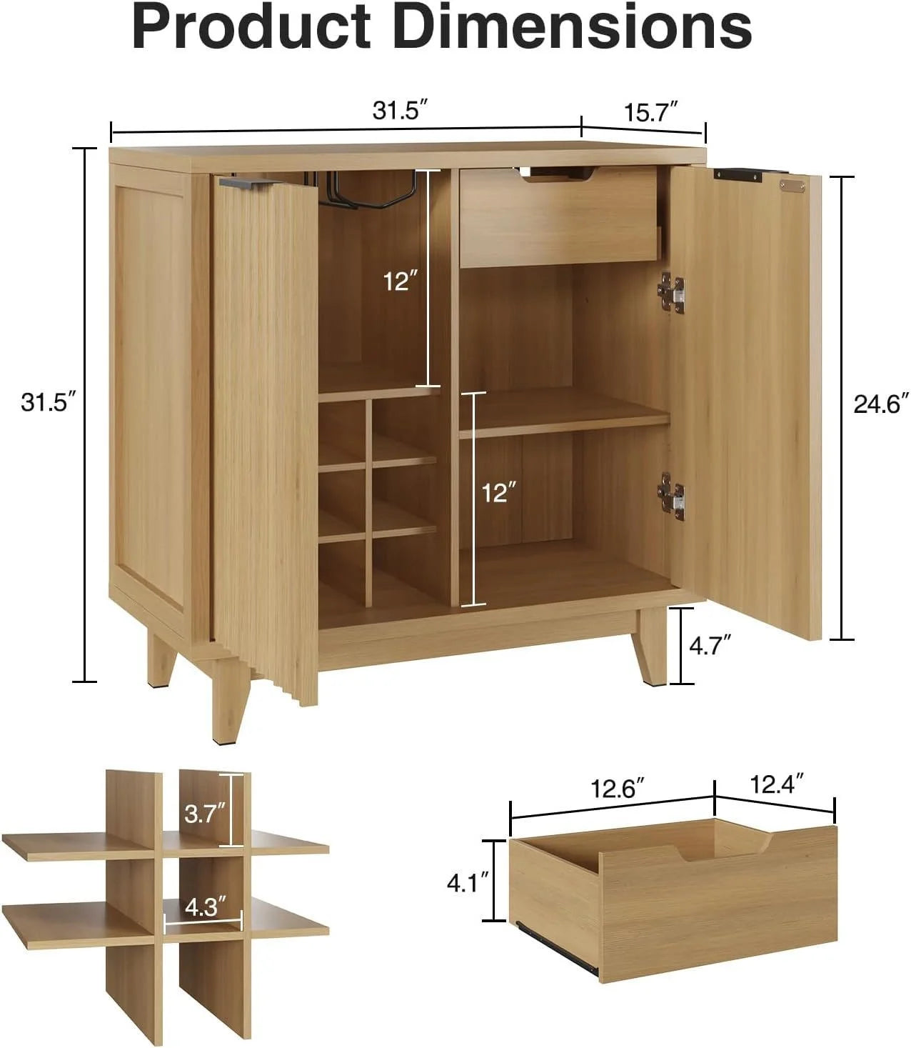 VEANERWOOD Wine Bar Cabinet with 2 Door Fluted Texture, Kitchen Sideboard Buffet with Wine Rack& Glass Holder for Living Room