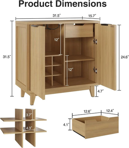 VEANERWOOD Wine Bar Cabinet with 2 Door Fluted Texture, Kitchen Sideboard Buffet with Wine Rack& Glass Holder for Living Room