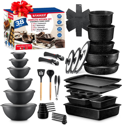 Bakken Master 38 Piece Granite Cookware and Bakeware Set - Nonstick Granite Coating, Pots and Pans with Detachable Handles and Tempered Glass Lids, 6-piece Bakeware set, 12-piece Mixing Bowls,Brown