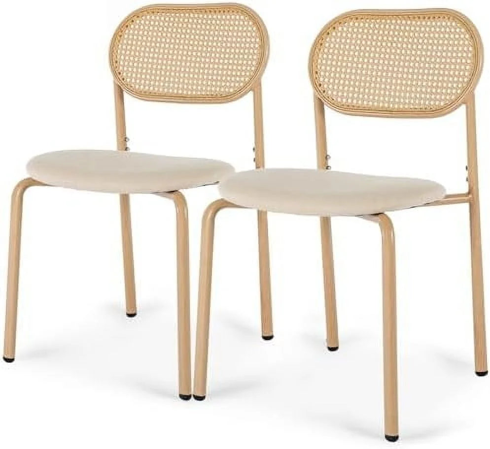 Boho 47 in Dining Table, Tempered Glass Tabletop with Rattan, Metal Legs, for Kitchen Dinner Living Room Reception