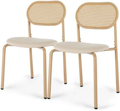 Boho 47 in Dining Table, Tempered Glass Tabletop with Rattan, Metal Legs, for Kitchen Dinner Living Room Reception