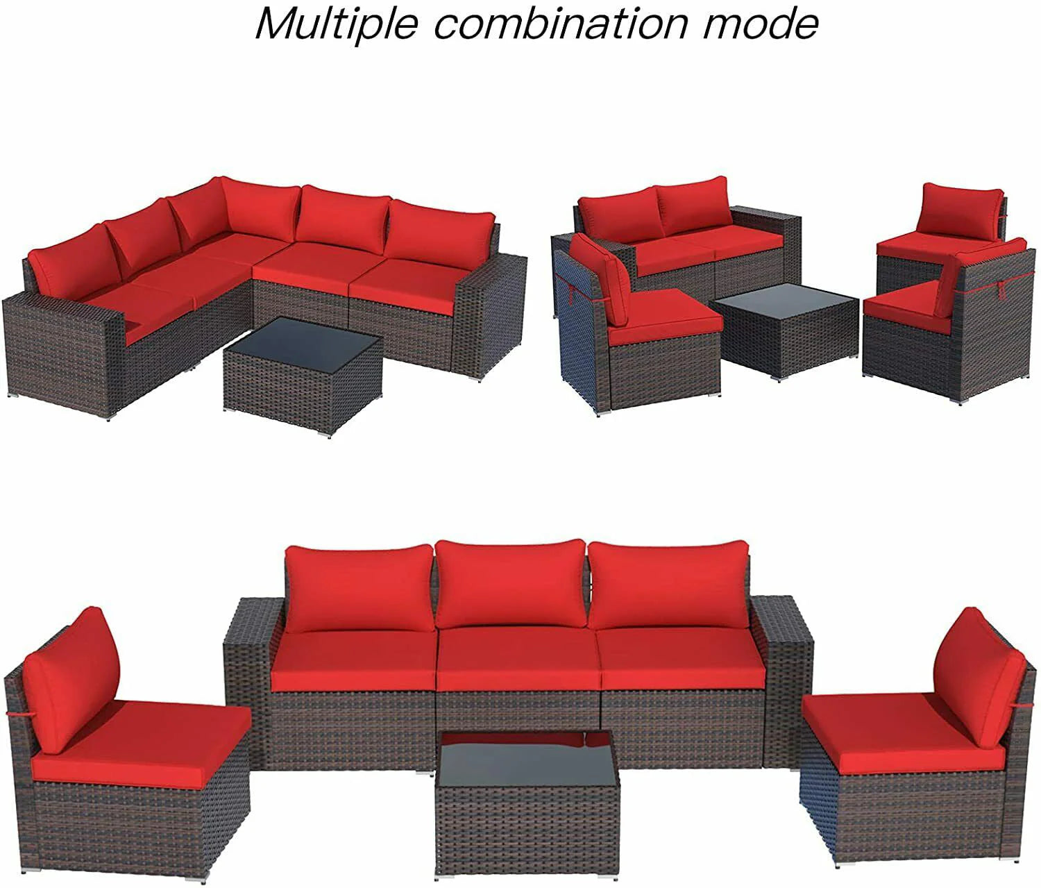 Gotland Outdoor Patio Furniture Set 6 Piece Sectional Rattan Sofa Set Rattan Wicker Patio Conversation Set with 5 Seat Cushions and 1 Tempered Glass Table,Red