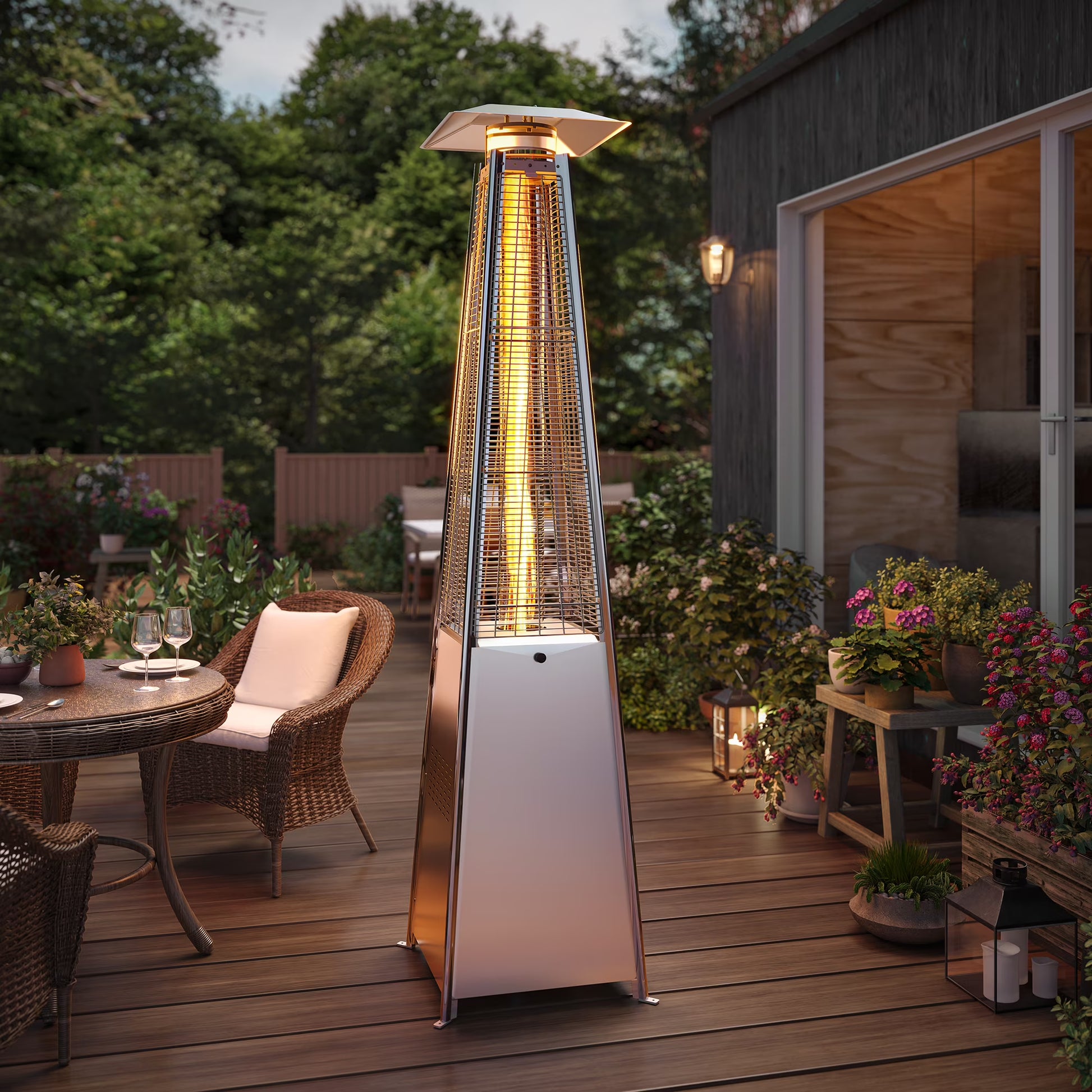 LAUSAINT HOME 87'' Tall Pyramid Patio Heater with Wheels, Glass Tube Flame Heating 48000 BTU & Dust Cover