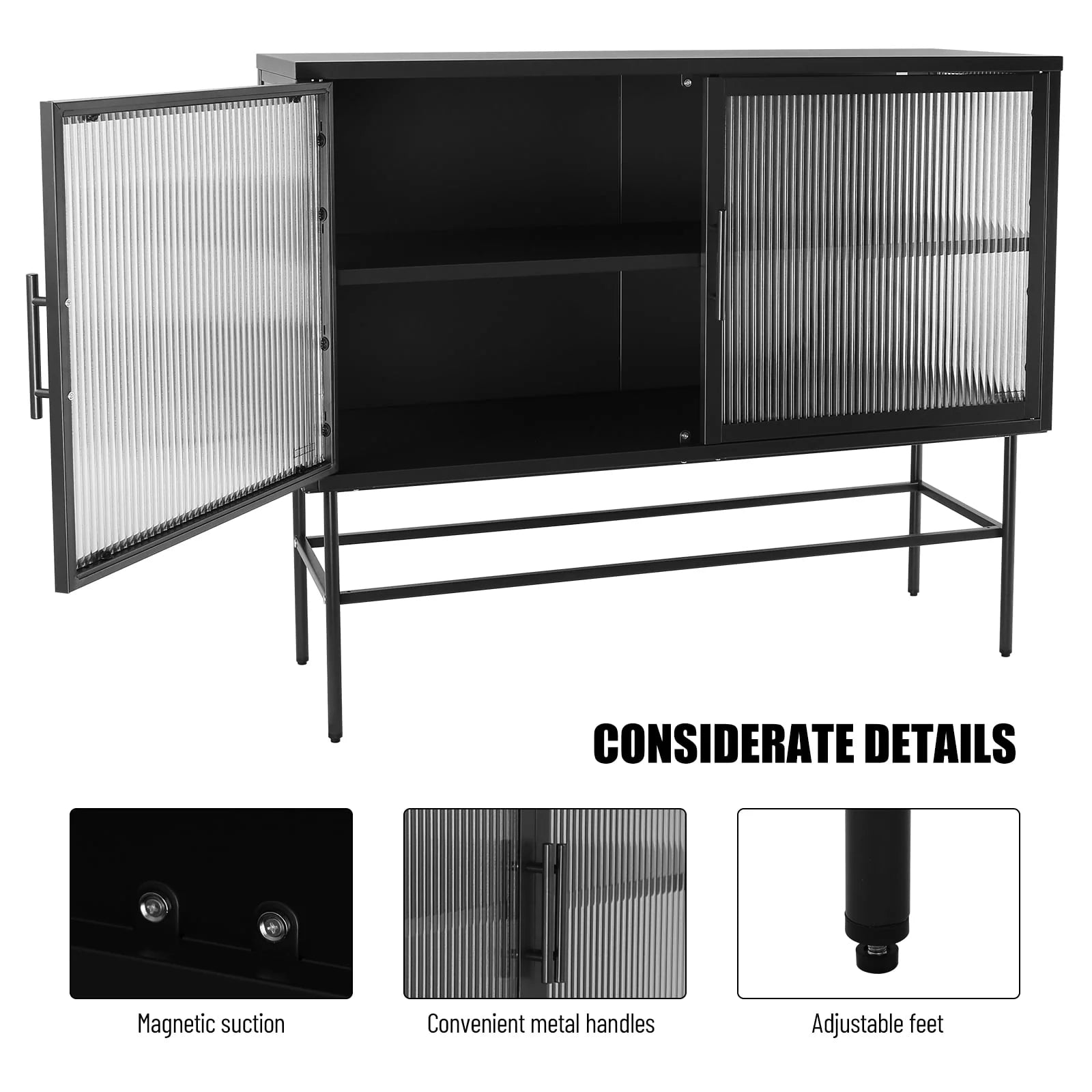 CoSoTower Double Tampered Glass Door Storage Cabinet with Adjustable Shelf and Feet Cold-Rolled Steel Tempered Glass Sideboard Furniture for Living Room Kitchen Black Color