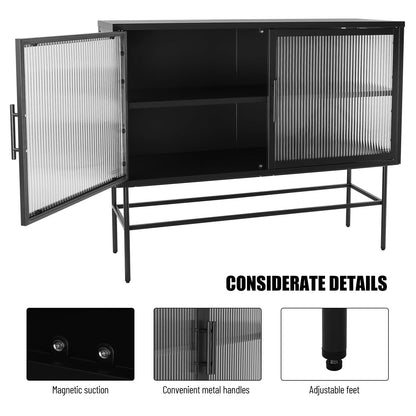 CoSoTower Double Tampered Glass Door Storage Cabinet with Adjustable Shelf and Feet Cold-Rolled Steel Tempered Glass Sideboard Furniture for Living Room Kitchen Black Color