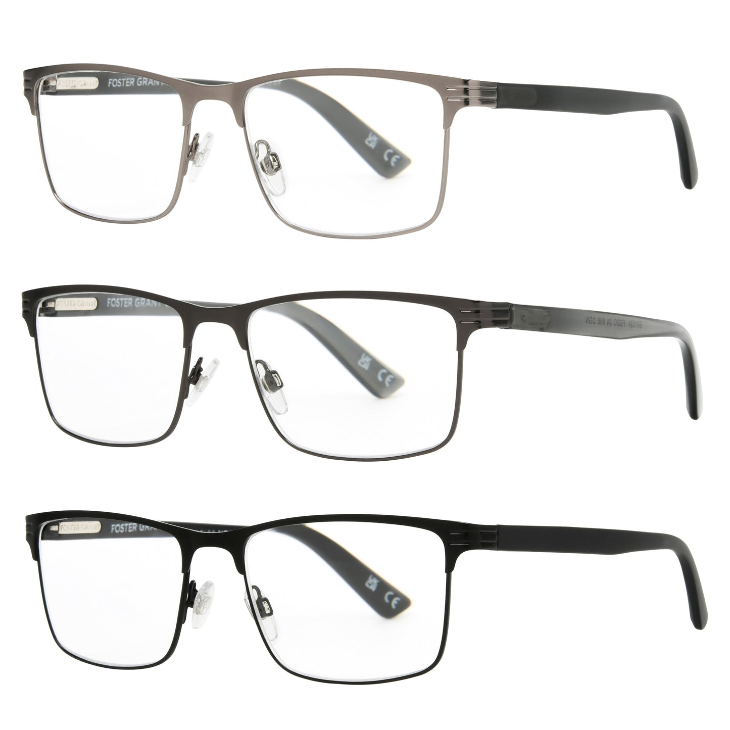 Design Optics by Foster Grant #668 Metal Square Reading Glasses, 3-pack