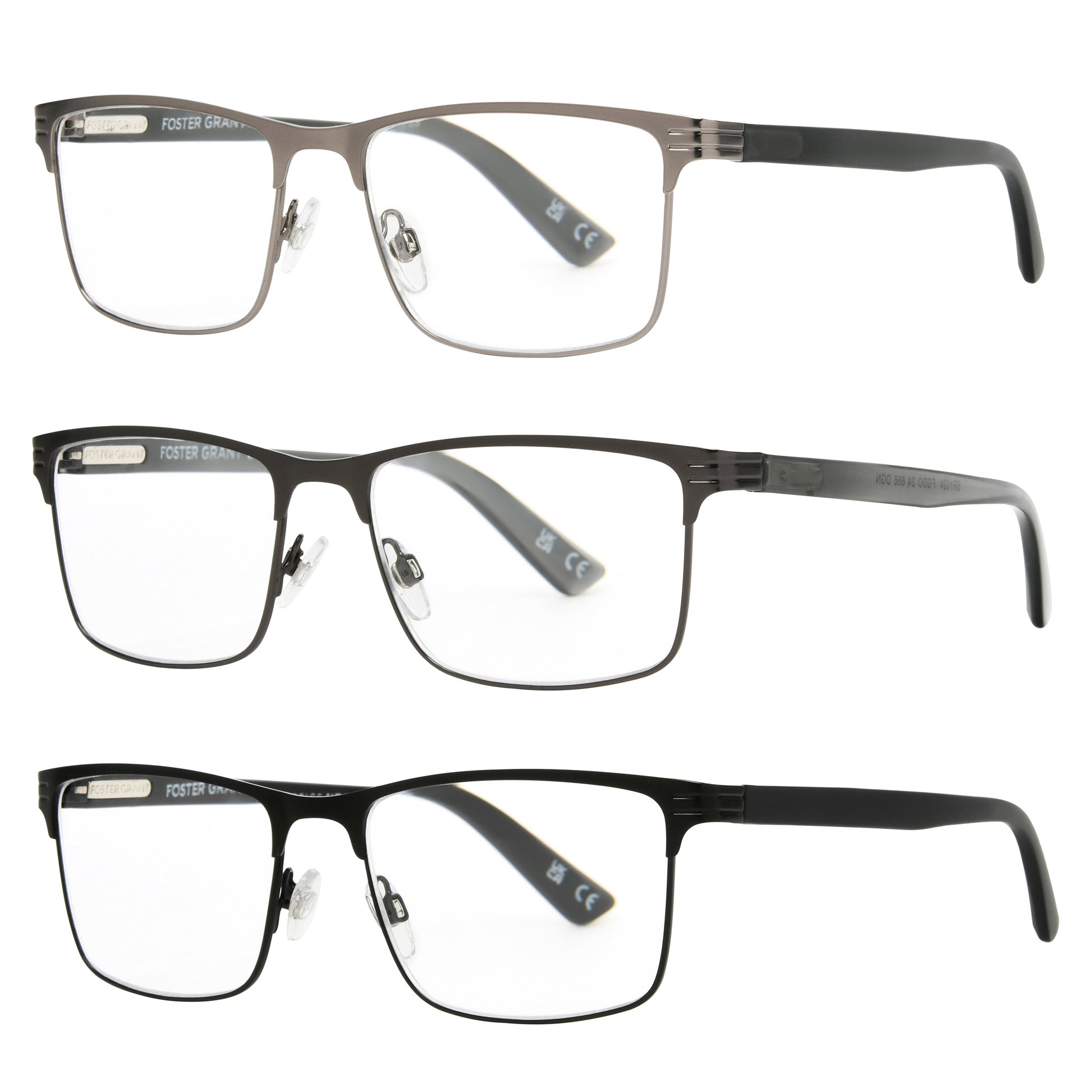 Design Optics by Foster Grant #668 Metal Square Reading Glasses, 3-pack