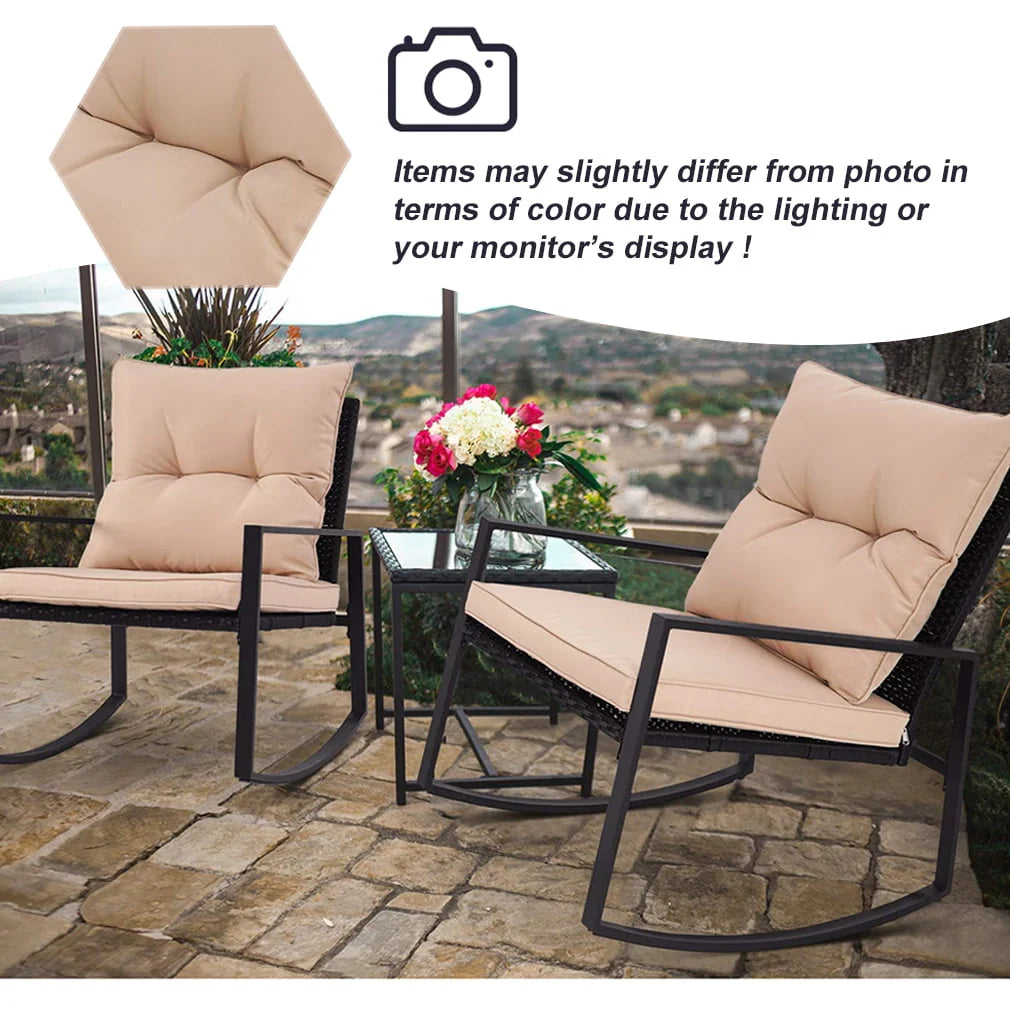 FDW 3 Pieces Wicker Outdoor Set with a High-Quality Tempered Glass Coffee Table, Black, steel, 2