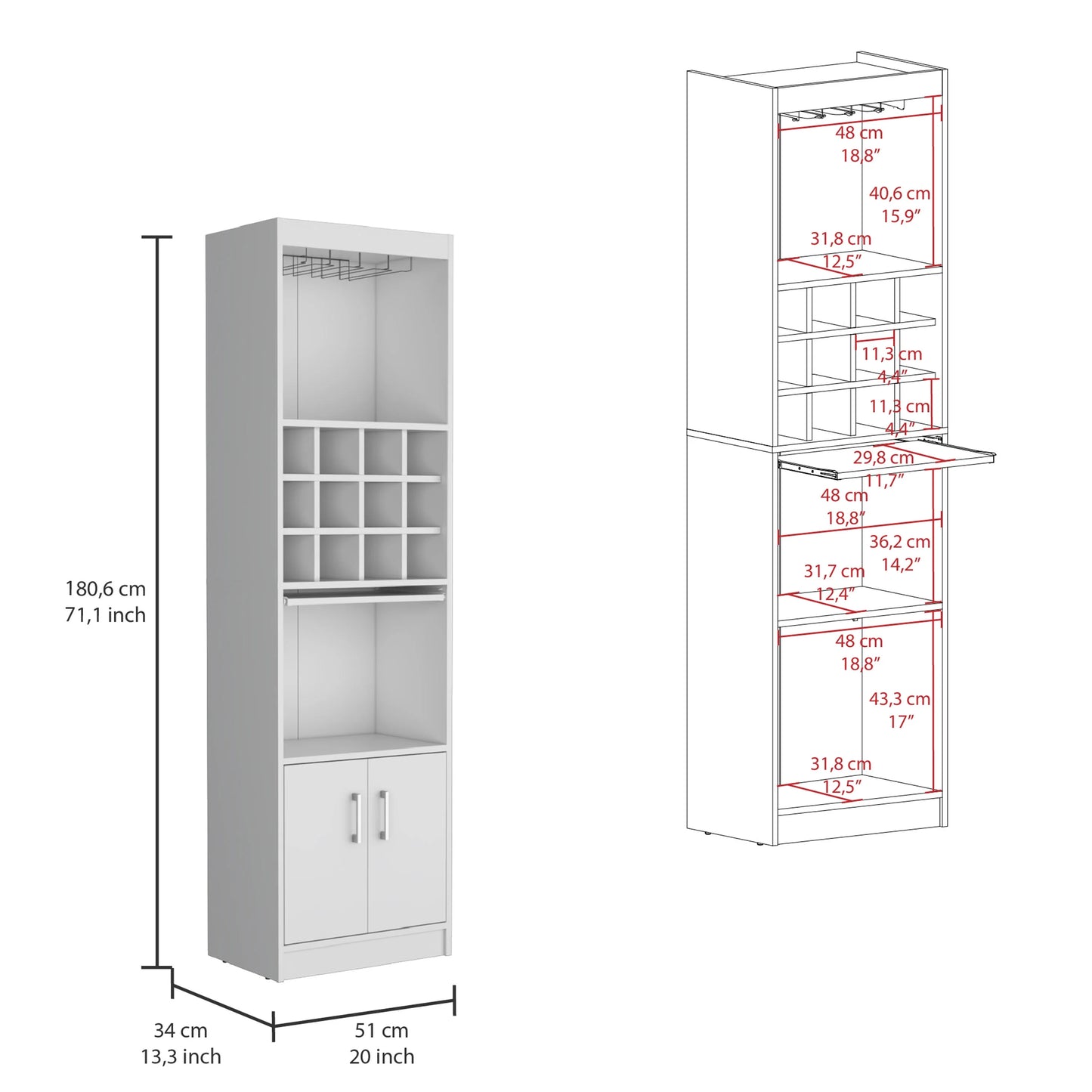 Royard Oaktree 71.1" Tall Bar Cabinet with 12-bottle Cubbies and Glass Holder, Freestanding Liquor Cabinet with Doors, Stemware Rack, Shelves, and Pull Out Tray for Living Room, Kitchen, White