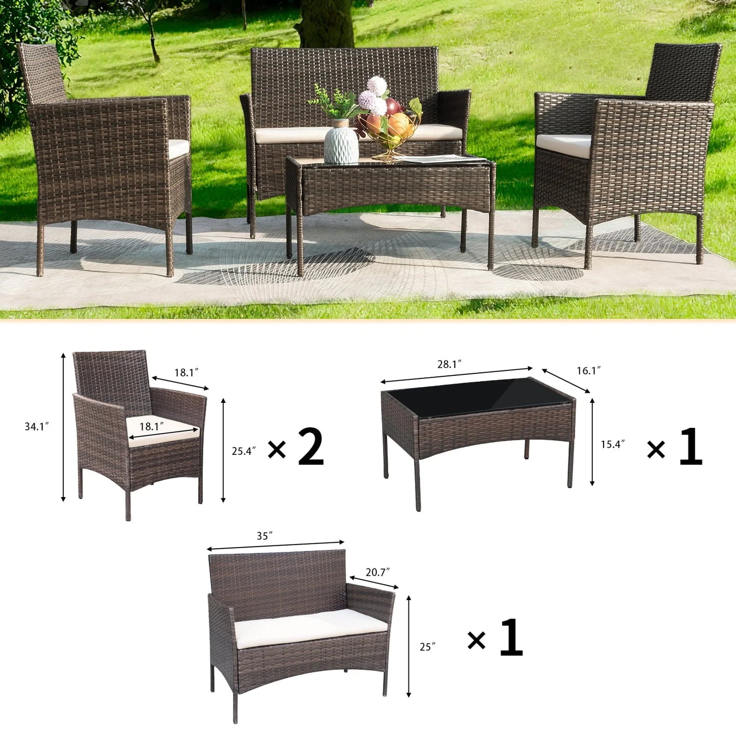 Lacoo 4 - Piece Outdoor Patio Conversation Furniture Sets with Cushioned Tempered Glass, Conversation Sets, 4, Metal
