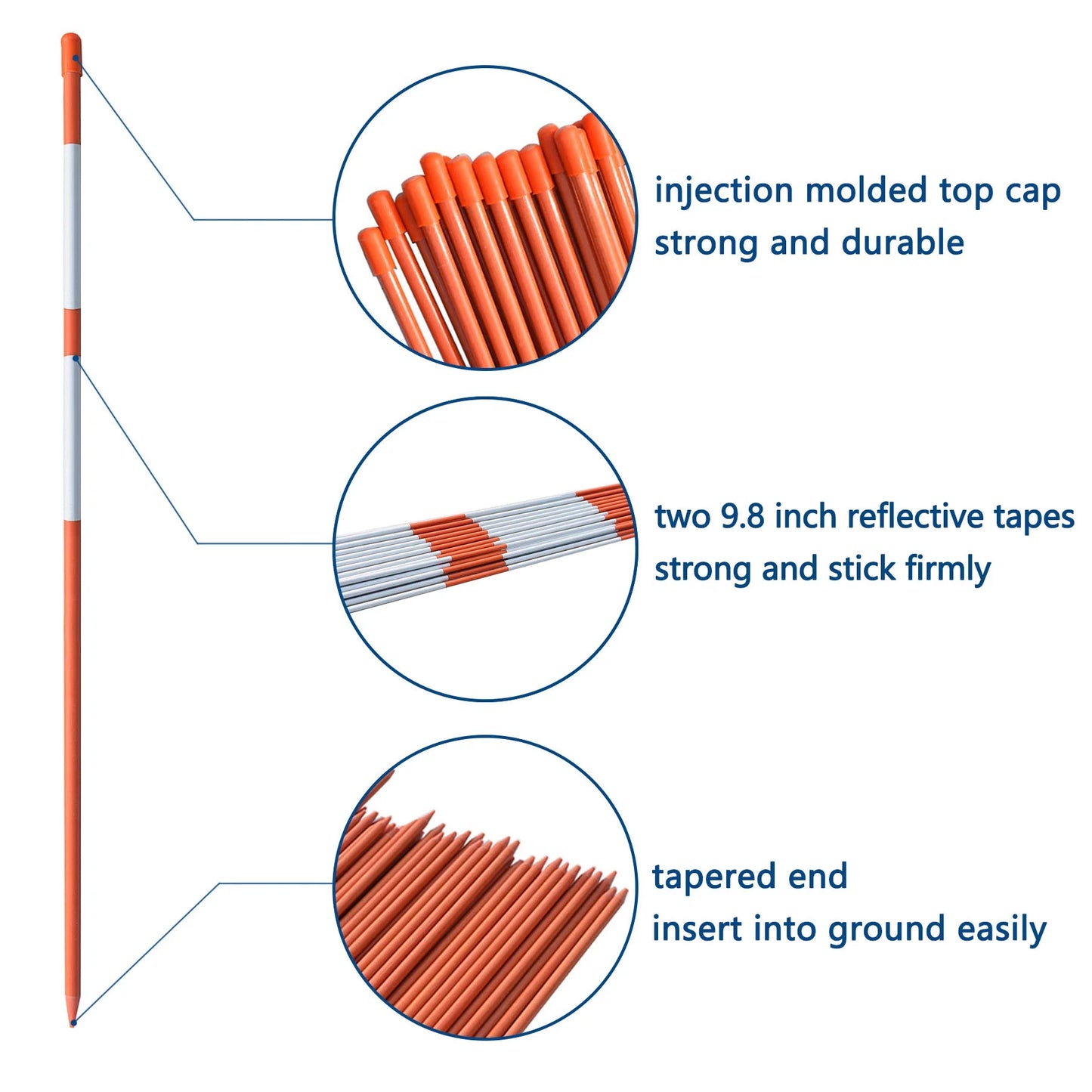 100-Pack 72" Inch Snow Stakes Driveway Markers Poles Snow Plow Stakes Fiberglass 5/16 Inch Diameter Orange with Two 9.8" Reflective Tapes