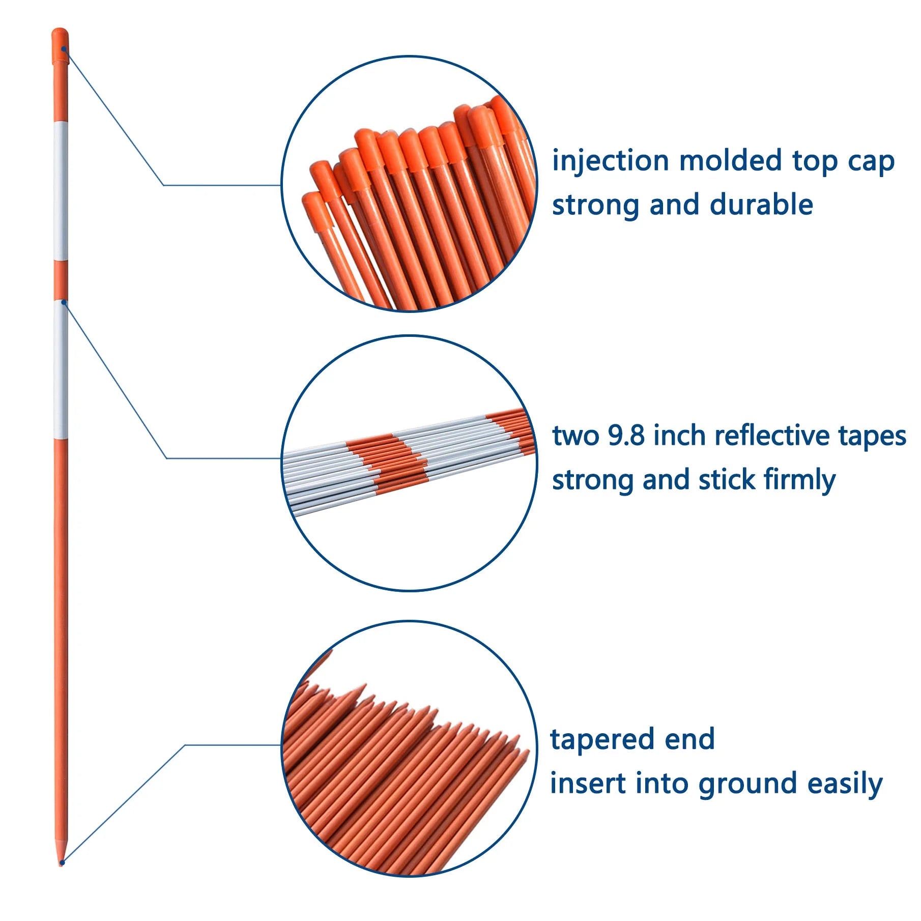 100-Pack 72" Inch Snow Stakes Driveway Markers Poles Snow Plow Stakes Fiberglass 5/16 Inch Diameter Orange with Two 9.8" Reflective Tapes