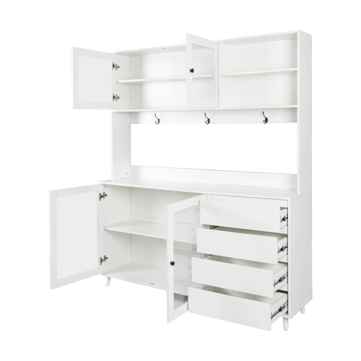 Large Kitchen Pantry Storage Cabinet w/4 Glass Doors & 4 Drawers, Food Hutch w/Microwave Stand & Hooks