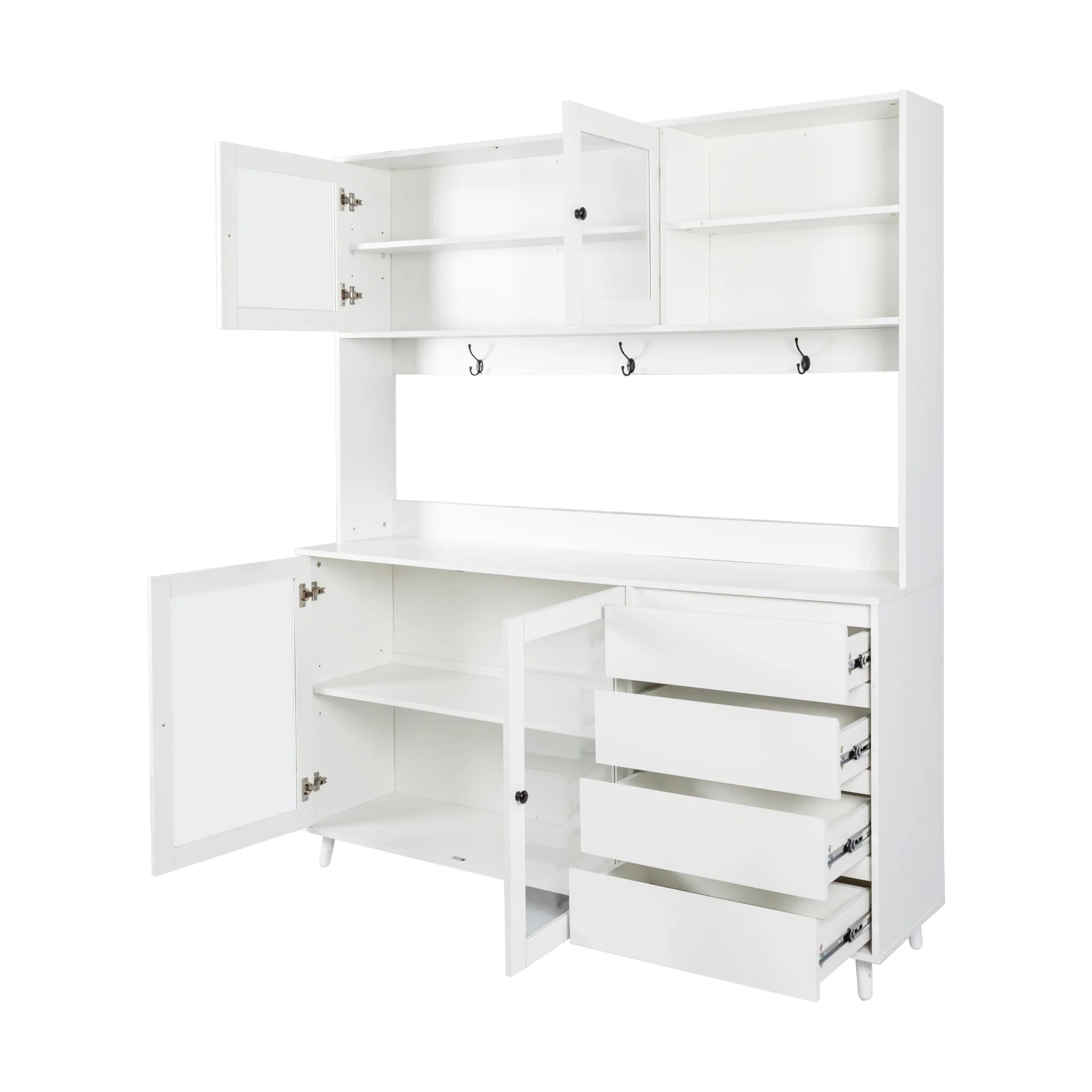 Large Kitchen Pantry Storage Cabinet w/4 Glass Doors & 4 Drawers, Food Hutch w/Microwave Stand & Hooks