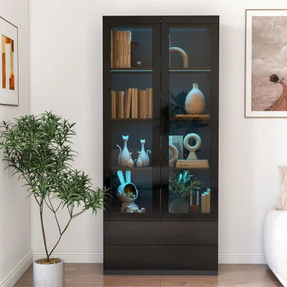 Modern Led Display Cabinet with Glass Doors, Bookcase with Doors, Curio Display Cabinet with 4 Shelves for Living Room, Home Office, Bedroom, Playroom, Black