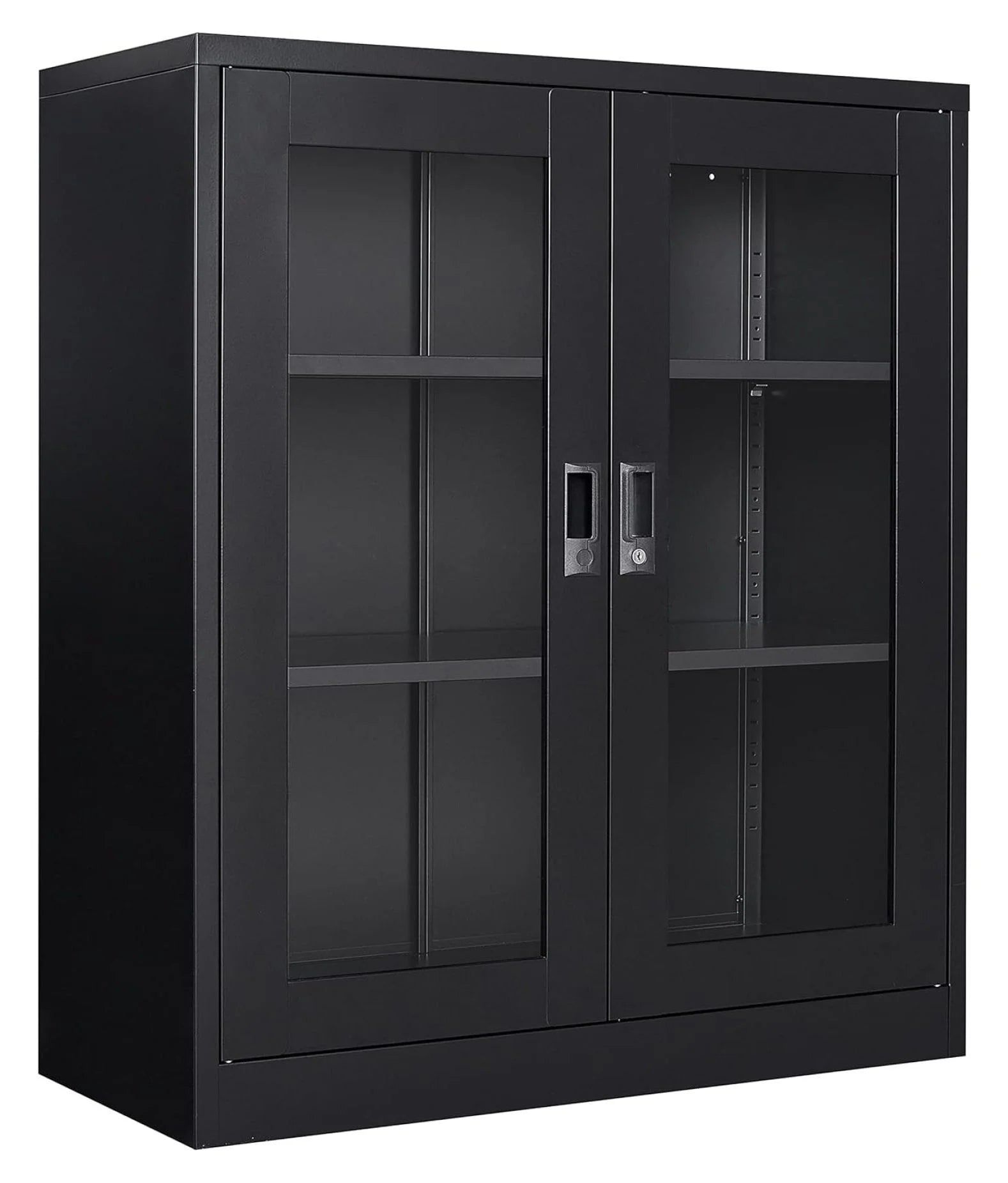 saney Black Metal Storage Cabinet with Doors and Shelves,Glass Cabinet Display Cabinet with Glass Doors,Office Cabinet with Storage Shelves and Double Doors, for Garage and Utility Room, Home Office