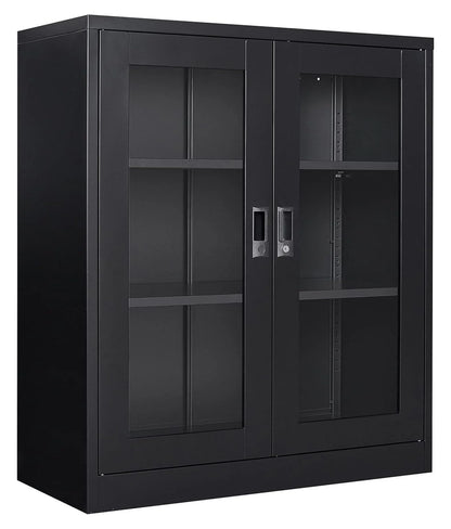 saney Black Metal Storage Cabinet with Doors and Shelves,Glass Cabinet Display Cabinet with Glass Doors,Office Cabinet with Storage Shelves and Double Doors, for Garage and Utility Room, Home Office
