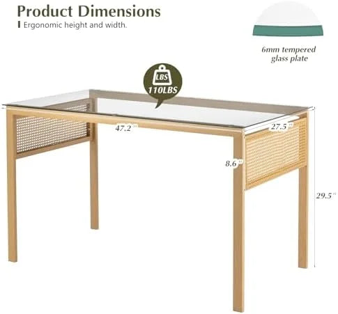 Boho 47 in Dining Table, Tempered Glass Tabletop with Rattan, Metal Legs, for Kitchen Dinner Living Room Reception