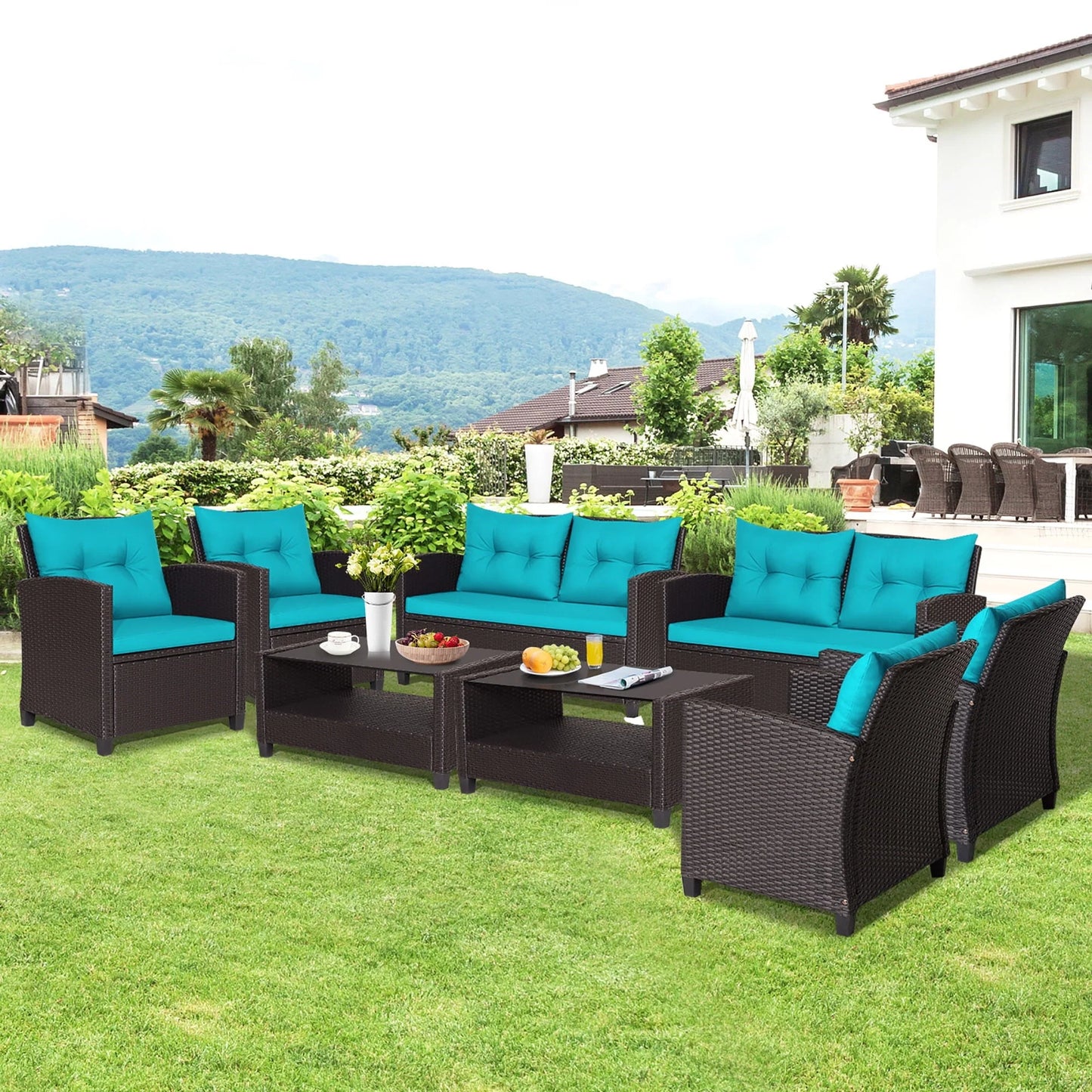Gymax 4PCS Outdoor Conversation Set Patio PE Rattan Set w/Glass Table & Sofa Cushions Turquoise