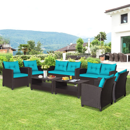 Gymax 4PCS Outdoor Conversation Set Patio PE Rattan Set w/Glass Table & Sofa Cushions Turquoise