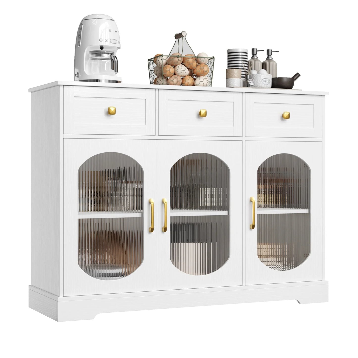 Homfa 3 Drawer Buffet Cabinet with 3 Curved Glass Doors, 47.2''W Kitchen Sideboard with Adjustable Shelf, White