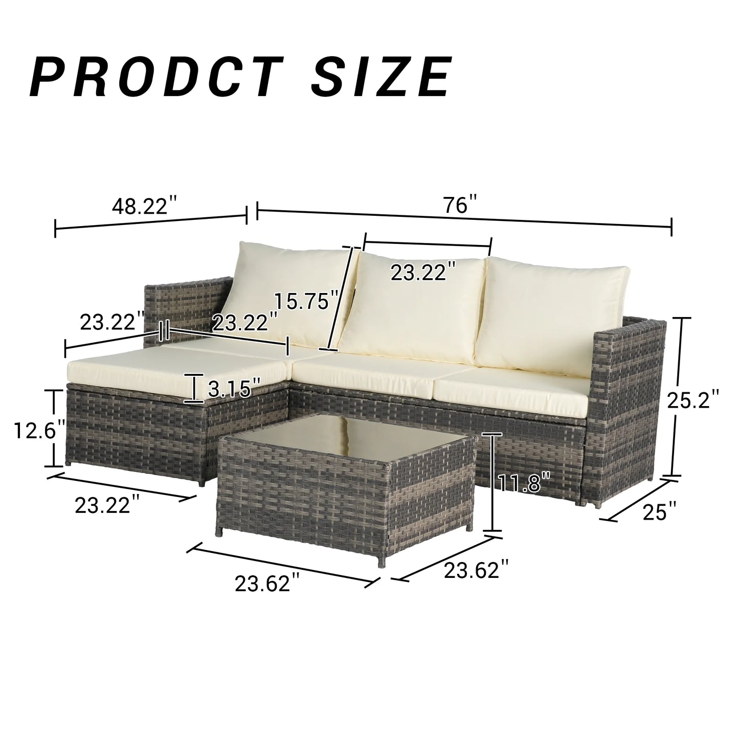 3 Pieces Patio Furniture Set,Outdoor Woven Sectional L- Shaped Sofa with Ottoman,Wicker Conversation Set with Tempered Glass Coffee Table for Backyard Poolside,Beige