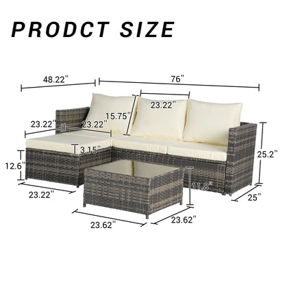 3 Pieces Patio Furniture Set,Outdoor Woven Sectional L- Shaped Sofa with Ottoman,Wicker Conversation Set with Tempered Glass Coffee Table for Backyard Poolside,Beige
