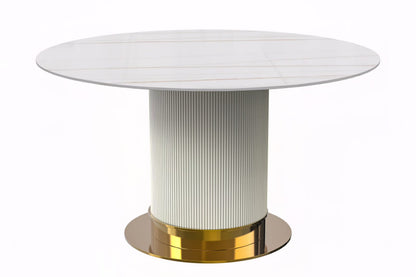 LeisureMod Jexis 60" Mid-Century Modern Round Dining Table with Glass/Sintered Stone Top and White/Gold Stainless Steel Pedestal Base for Kitchen and Dining Room (Black)
