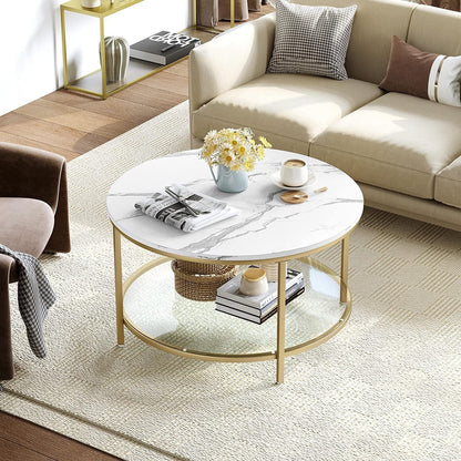 DEXTRUS 2-Tier Round Coffee Table Marble Center Cocktail Table with Glass Open Storage Shelf, White & Gold