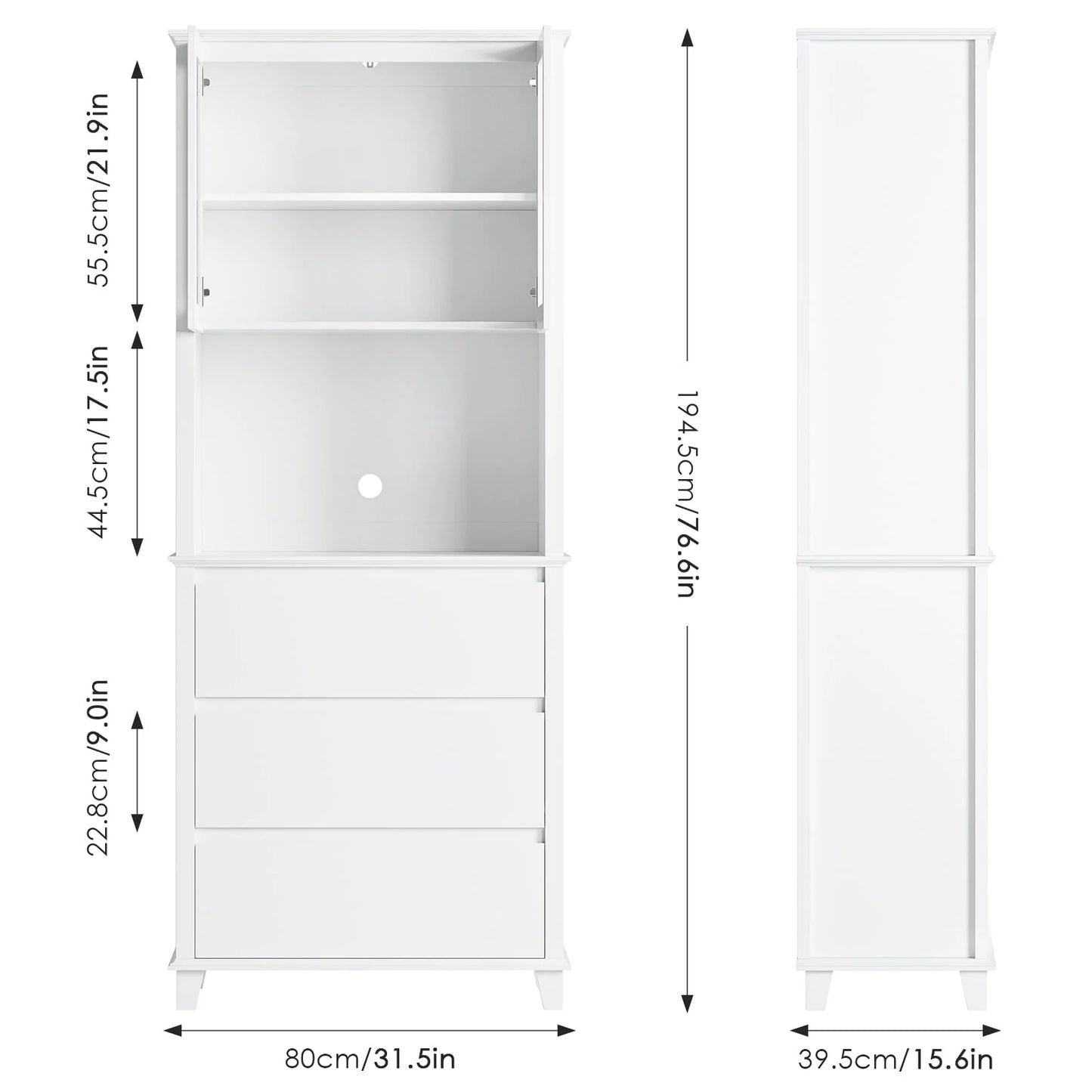 Homfa 3-Drawer Kitchen Storage Cabinet, 76.6'' Tall Cabinet with Clear Glass Door for Bathroom, White
