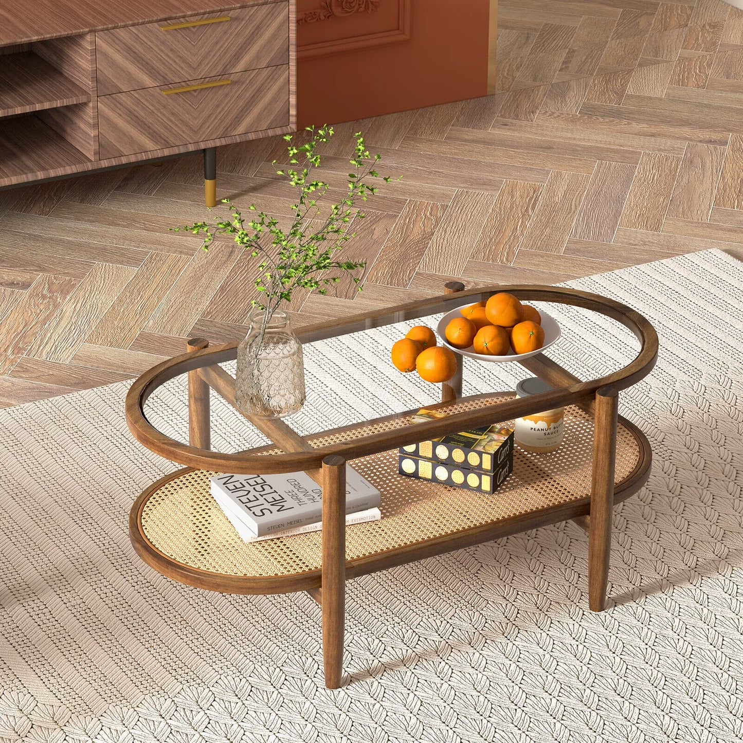 Amijoy 2-layer coffee table, tempered glass top grade coffee table, with PE rattan storage rack and acacia wood frame, center table in living room, reception room, and office, brown