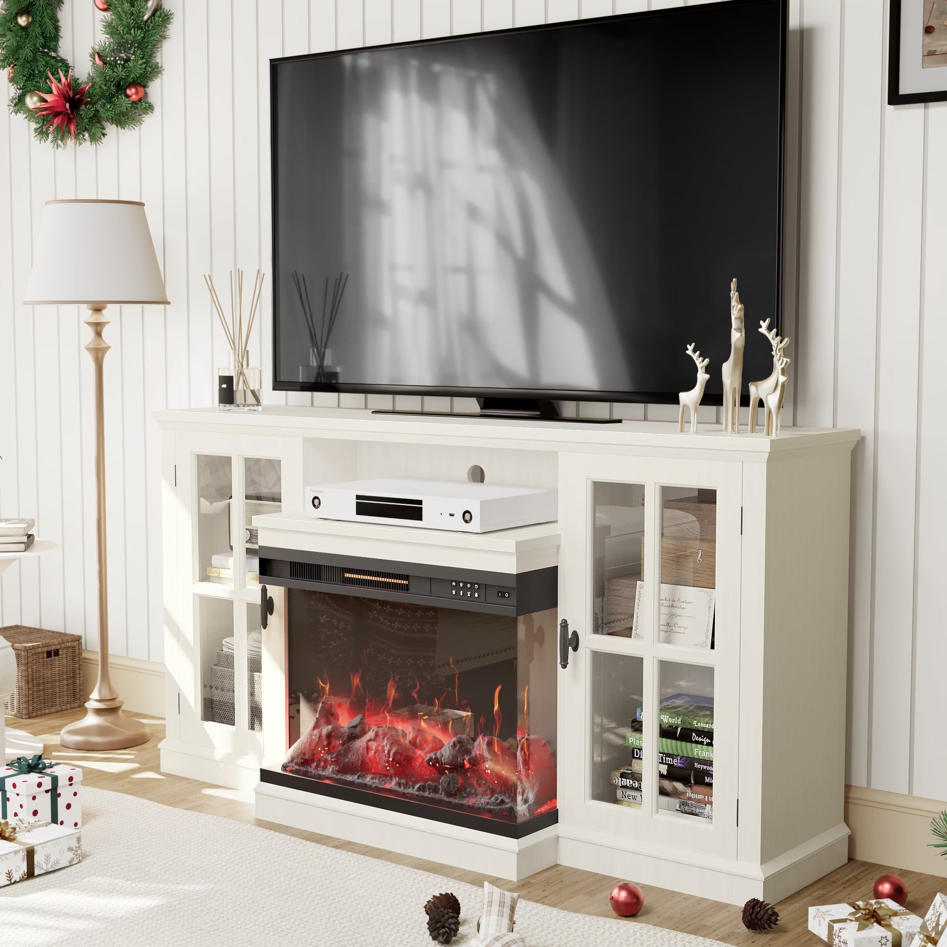 Homall Fireplace TV Stand for TVs up to 65" 3-Sided Glass Modern Media Entertainment Center with Cabniet Storage Adjustable Flame Color Fireplace,Gray