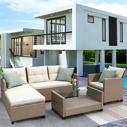 Rattan Patio Sofa Set, 4 Pieces Outdoor Sectional Furniture Set, All-Weather PE Rattan Wicker Patio Conversation Set, Cushioned Sofa Set with Glass Table & Pillows for Patio Garden Poolside Deck, B626