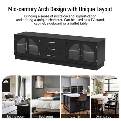 TV Stand for 75 Inch TV, Entertainment Center with Storage Cabinets and 3 Drawers, Media Console Cabinet with Adjustable Shelves and Glass Doors for Living Room, Black