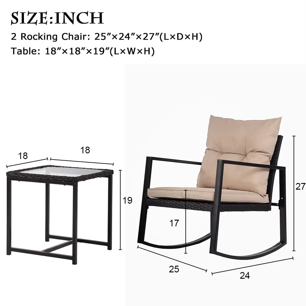 FDW 3 Pieces Wicker Outdoor Set with a High-Quality Tempered Glass Coffee Table, Black, steel, 2