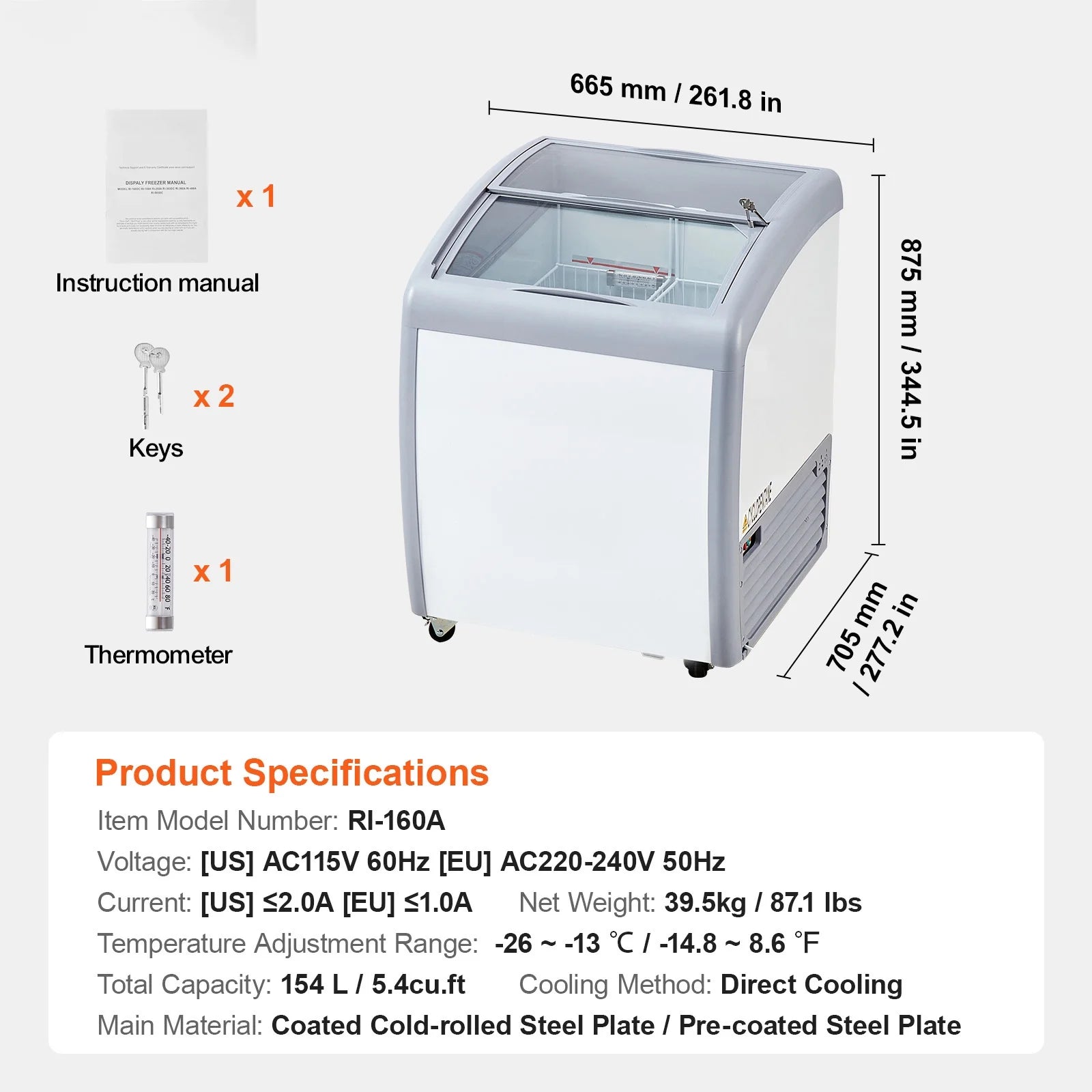 KFFKFF Professional Ice Cream Showcase, 5.4 Cubic Feet Storage Freezer, Portable Transparent Lid Deep Freezer, Dining Establishment Sorbet Serving Cabinet,2 Mesh Baskets, 2 Retractable Glass Doors