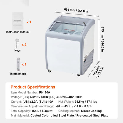 KFFKFF Professional Ice Cream Showcase, 5.4 Cubic Feet Storage Freezer, Portable Transparent Lid Deep Freezer, Dining Establishment Sorbet Serving Cabinet,2 Mesh Baskets, 2 Retractable Glass Doors