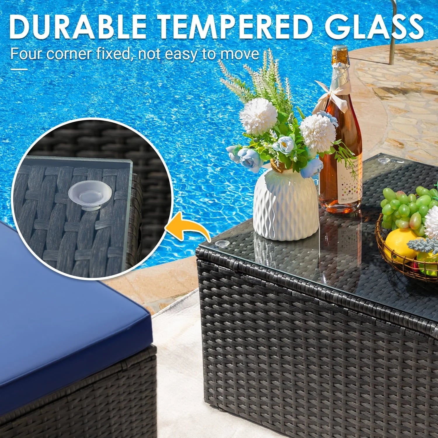 Devoko 5 Pieces Patio Furniture Sectional Set Outdoor Wicker Rattan Sofa Set Backyard Couch Conversation Sets with Pillow Cushions and Glass Table, Navy Blue
