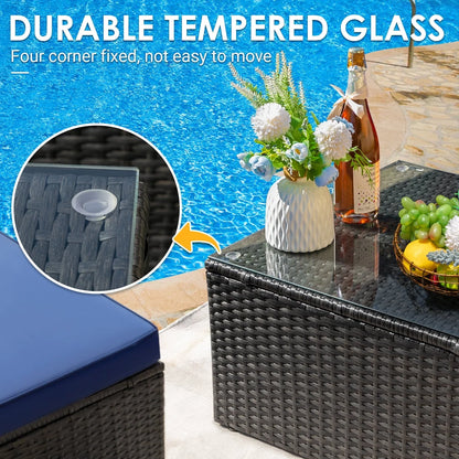 Devoko 5 Pieces Patio Furniture Sectional Set Outdoor Wicker Rattan Sofa Set Backyard Couch Conversation Sets with Pillow Cushions and Glass Table, Navy Blue