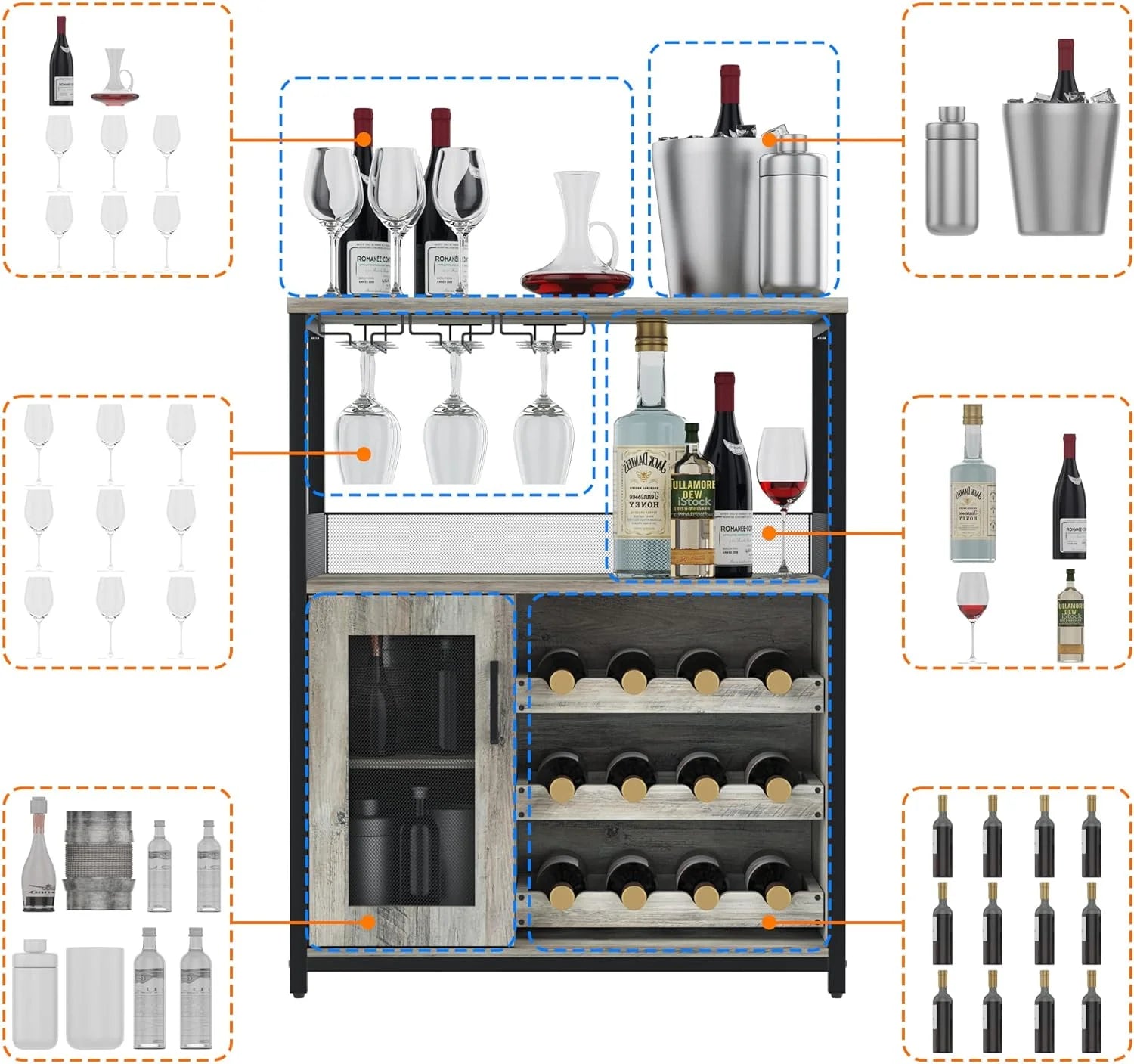 Homhougo Wine Bar Cabinet with Removable Wine Racks and 1 Drawer,Bar Cabinet with Glass Holder and Mesh Door for Liquor and Glasses (Grey)