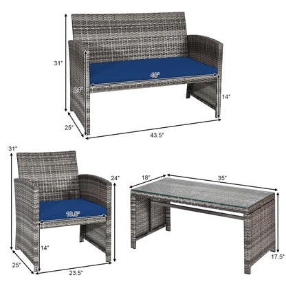 Costway 8PCS Patio Rattan Furniture Set Conversation Glass Table Top Sofa Cushioned Navy