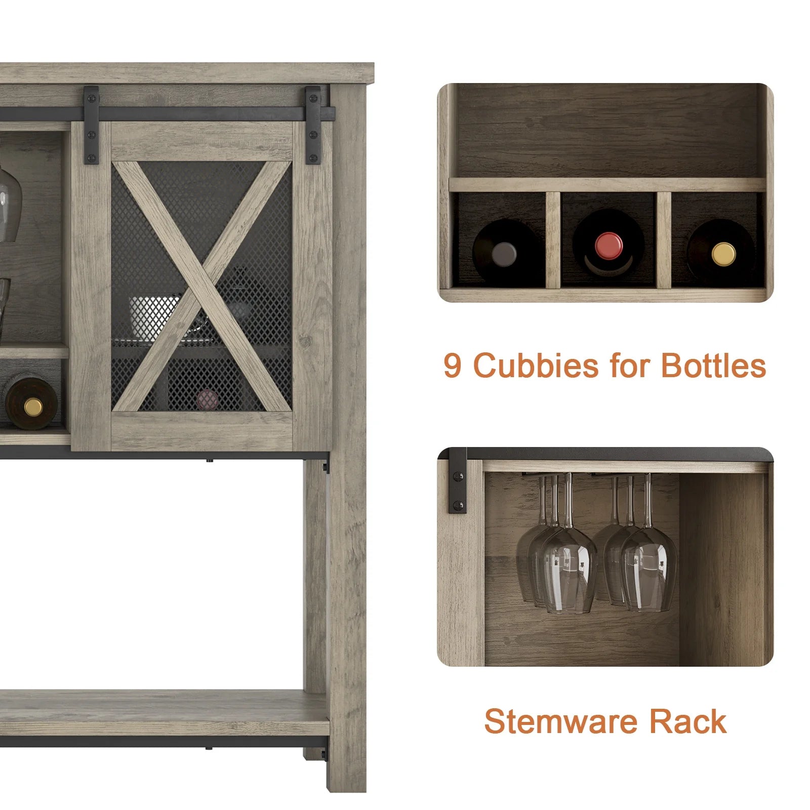 WhizMax Buffet Storage Cabinet, Wine Cabinet Coffee Bar Table with Wine Glass Rack, Farmhouse Wood Buffets and Sideboards with Storage and Barn Mesh Door for Kitchen, Dinning, Living Room