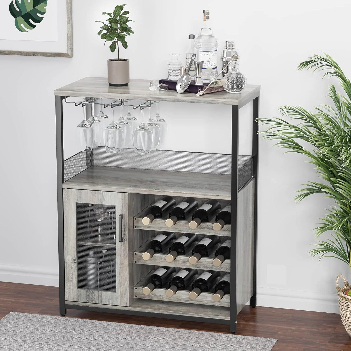 Homhougo Wine Bar Cabinet with Removable Wine Racks and 1 Drawer,Bar Cabinet with Glass Holder and Mesh Door for Liquor and Glasses (Grey)