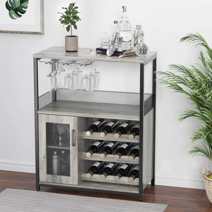 Homhougo Wine Bar Cabinet with Removable Wine Racks and 1 Drawer,Bar Cabinet with Glass Holder and Mesh Door for Liquor and Glasses (Grey)