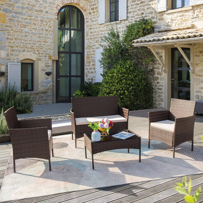 Lacoo 4 - Piece Outdoor Patio Conversation Furniture Sets with Cushioned Tempered Glass, Conversation Sets, 4, Metal