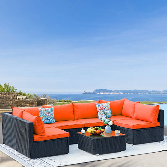ESSENTIAL LOUNGER 7 Pieces Patio Conversation Set, Outdoor Sectional Sofa PE Rattan Wicker Patio Furniture Set with Cushion and Tempered Glass Table for Patio, Garden& Poolside, Orange
